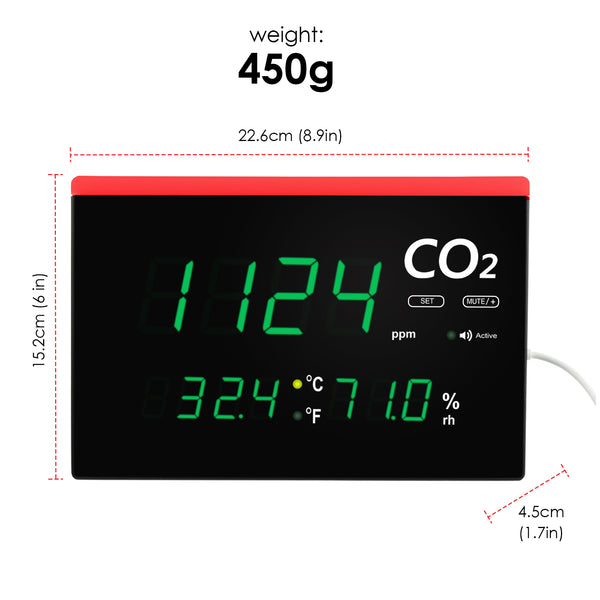 7729 Wall Mount / Desktop Stand Indoor Air Quality Monitor Real-time CO2 Detector, Carbon Dioxide & Temperature & Humidity Level with Large LED Screen & Visual Color Warning Light Bar and Audible Alarms