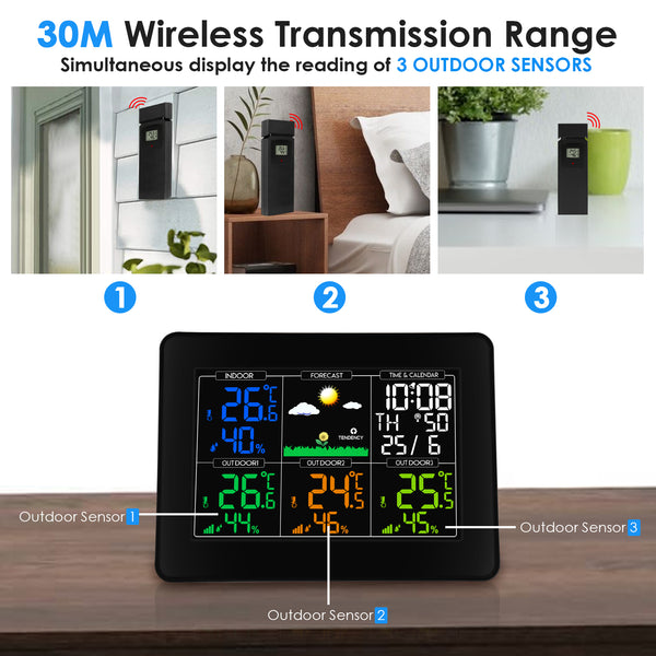 WEA-289 Digital Wireless Weather Station Indoor Outdoor Thermometer Humidty with Alarm Clock, Color Large Display