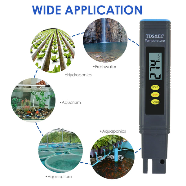 ECM-302 Pentype 2-in-1 TDS / EC Meter with ATC Digital Water Quality Tester Temperature Measurement for Water Analysis Hydroponics Aquaculture