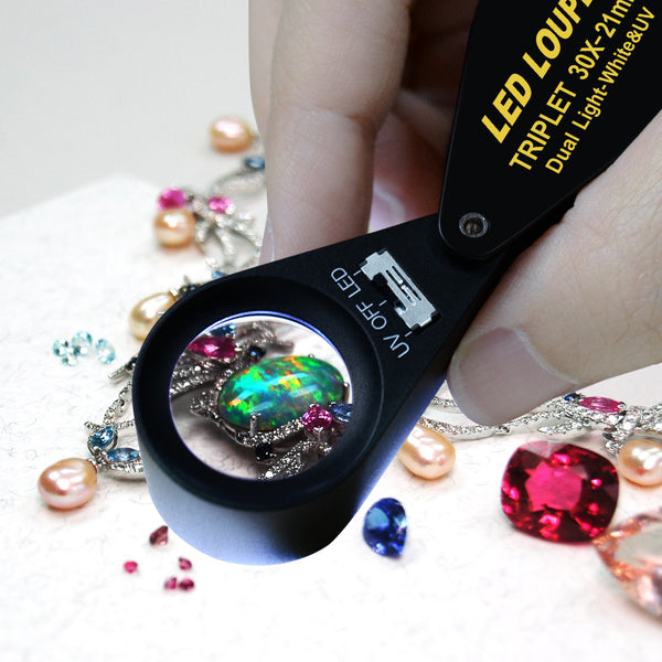 GEM-249 30x Magnification Jewelry Gem Loupe with UV & LED Light 21mm Optical Glass