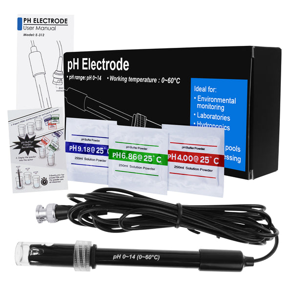 E-312 High Accuracy pH Electrode with Calibration Powder, 0-14 pH Probe with BNC Connector & 300cm Cable for Wide Application