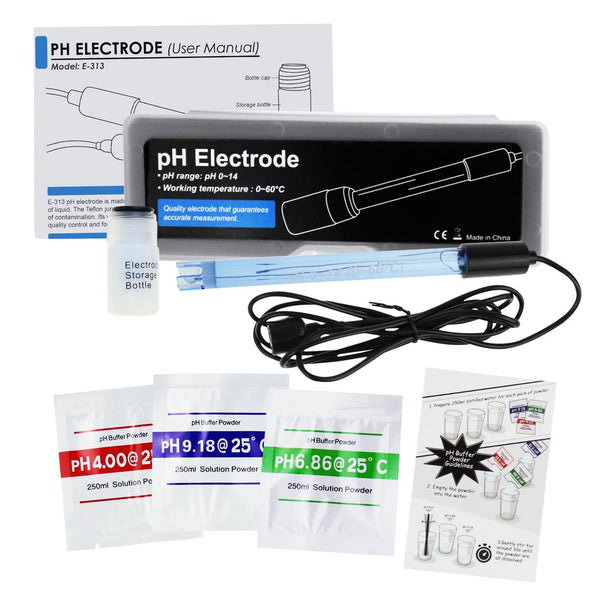 E-313 Accurate & Fast Combination pH Electrode w/ Long BNC Connector Cable & Calibration Powder, 0~14 pH Measurement Range for Sea Water and Acid Rain