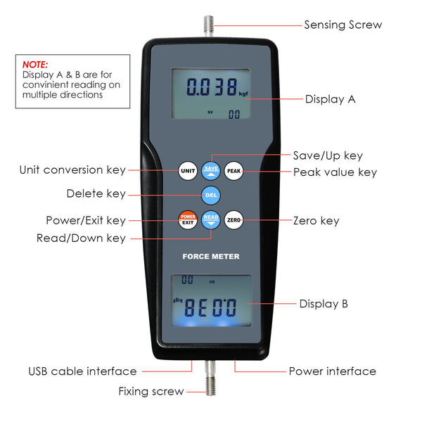 FM-207 Digital Force Meter Gauge Pull & Push Magnitude Tester Newtonmeter Newton N / kg / lb / g Measurement