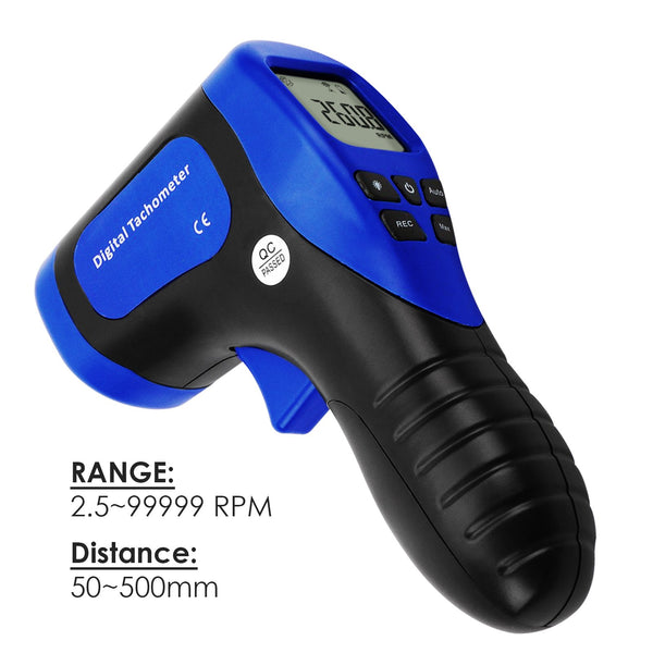 TAC-44 Handheld Digital Laser Non-Contact Tachometer, Rotational Speed Measuring Gun, 2.5-99999 RPM, Record (60 Data) MAX/ MIN/ AVG ±0.02%+1 Digtal Accuracy, Speedometer for Small Engines, Car, Bike, Motorcycle, Surface Speed Tach Meter Gauge