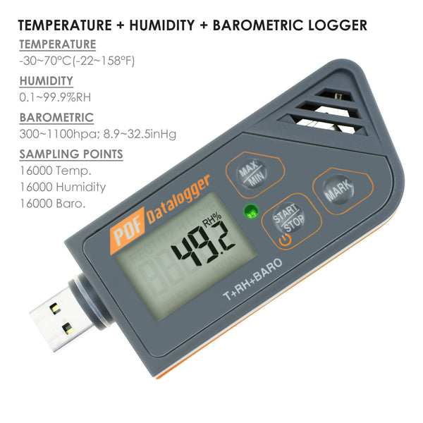 88163 Digital Waterproof USB Datalogger Humidity Temperature and Pressure Barometric Data Logger gauge, generate PDF & Excel report LED indicator