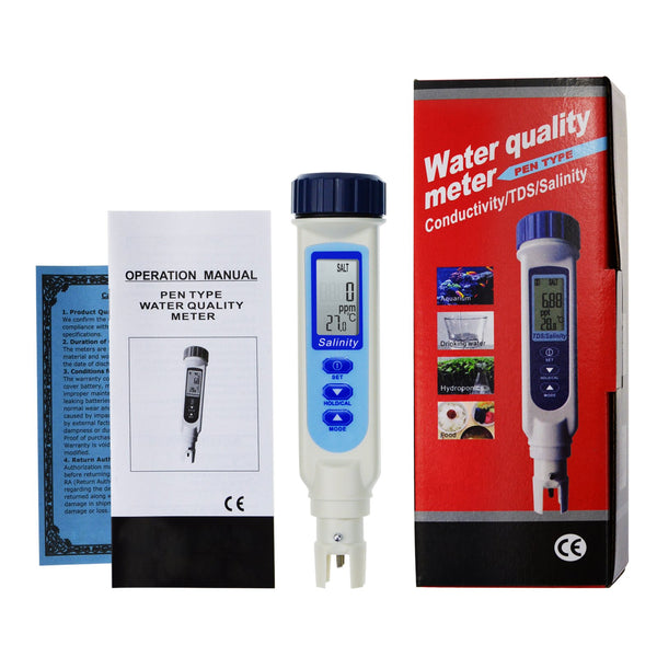 837-2 Salinity & Temp Meter Pen Type Salt Water Quality Tester ATC NaCl, 9999 ppm / 100.0ppt/ 10% / 0.95-1.08 SG Aquarium Pond Food Pool Seawater