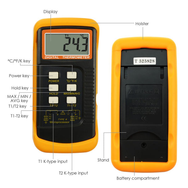 68022 Digital 2 Channels K-Type Thermometer 2 Thermocouples -50~1300°C (-58~2372°F)
