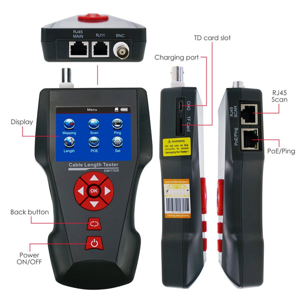 NF-8601W Digital Cable Tester Wire Tracker RJ45 RJ11 BNC Cable Length, with FREE TF Card, Handheld Tester with 8 Remote Identifier PoE PING Data Storage Function and Port Flash