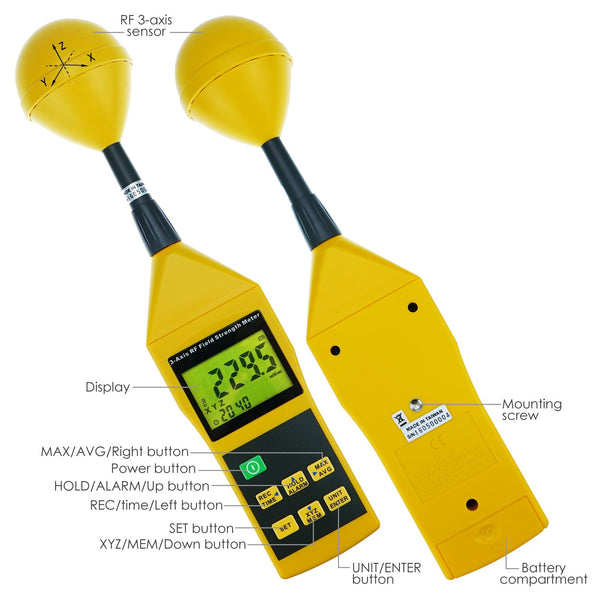 TM-196 Triaxial Tri-Axis RF Field Strength Meter Electromagnetic Radiation Tester Detector 10MHz to 8GHz with Alarm and Tripod Mounting, Compact, MIni