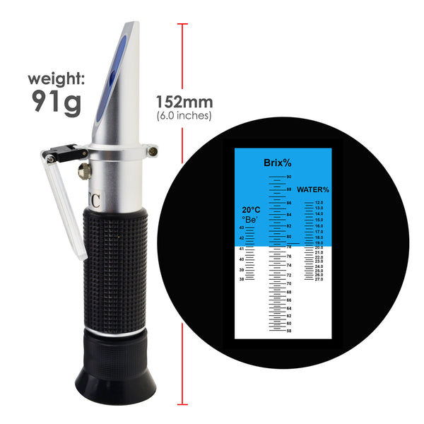 REB-90ATC  3-in-1 Honey Refractometer Brix/Moisture/Baume Tester ATC, Tri-Scale 58-90%/12-27%/38-43Be', Sugar Water Content Level Beekeeping Maple Syrup
