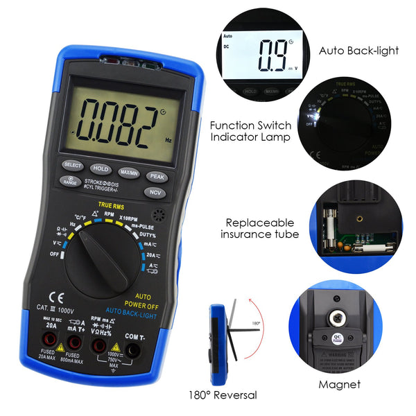 ENG-214 Auto-Ranging LCD Digital Multimeter Engine Analyzer Tester DCV/ACV, RPM Tachometer, Dwell Angle, Current, Temperature, Resistance, Diode Continuity Test, Pulse Width