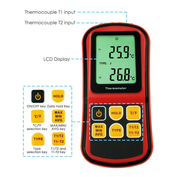 THE-32 Digital K / J / T / E / R / S / N Type Thermocouple Thermometer Dual-channel -150~1767°C (-238~3212°F)