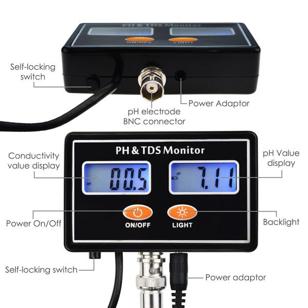 TDS-232 Digital Combo pH & TDS Monitor Meter Tester ATC, 0.00~14.00pH & 0.0~199.9ppt Rechargeable Real-time Monitoring