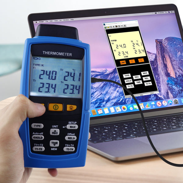 TM-747D Digital 4-Channel K /J/ T / E/ R / S/ N Type Thermocouple Thermometer Datalogger 16,800 Data Logging T1/T2, T3/T4 Input Terminal Data Logger