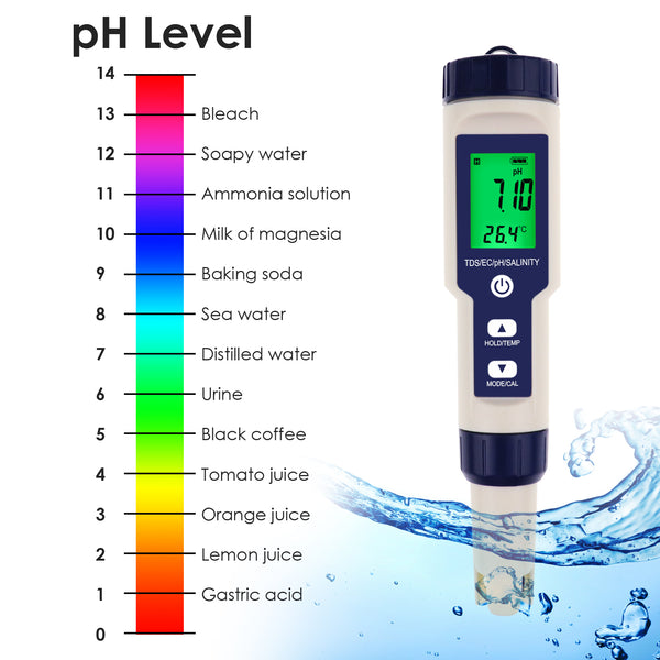 WQM-303 Pentype Multi-Paramater 5-in-1 Water Quality Tester (pH / TDS / EC / Temp / Salinity) Waterproof Digital Meter Research Household Industrial Laboratory Analysis
