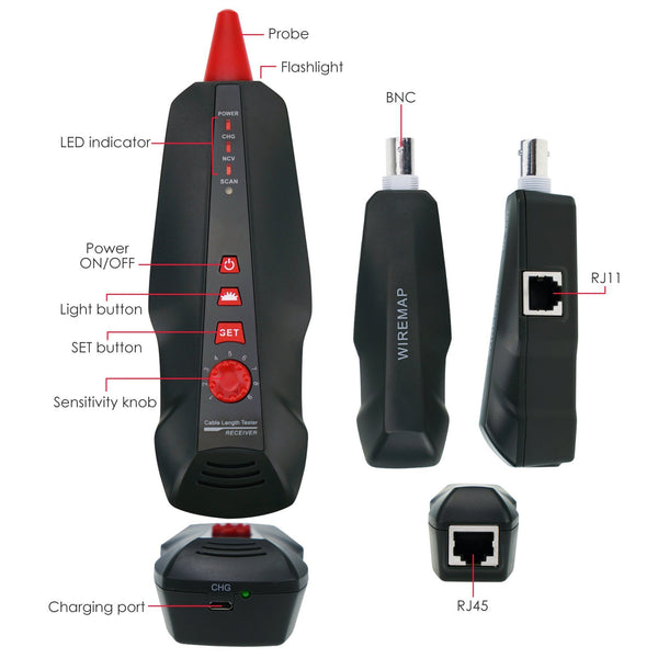 NF-8601W Digital Cable Tester Wire Tracker RJ45 RJ11 BNC Cable Length, with FREE TF Card, Handheld Tester with 8 Remote Identifier PoE PING Data Storage Function and Port Flash