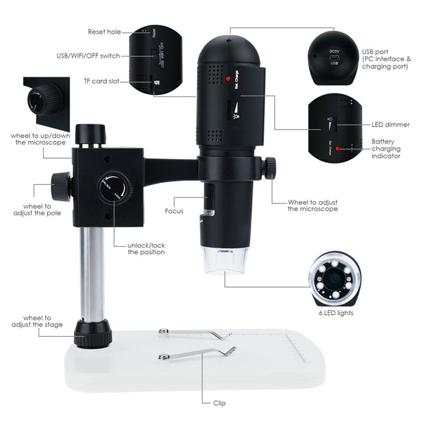 MSC-55 Gain Express 1080P Full HD USB Wifi Digital Microscope 10x-220x Magnification for iOS/ Andriod/ PC with 6 LED, 3 Mega Pixels, Adjustable Focus, Handheld & Desktop Compatible Wireless Rechargeable