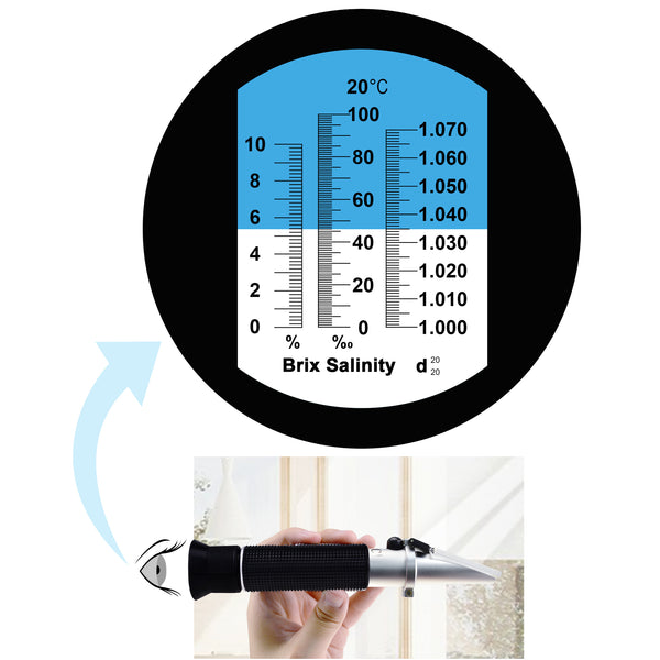 REBS-10ATC Tri-Scale Optics Refractometer ATC 0-10% Brix, Salinity 100 PPT , Density 1.000 to 1.070 g/cm3 & Salinity for CNC Cutting Liquid Coolant Salt Sea Water Aquarium Tank Marine