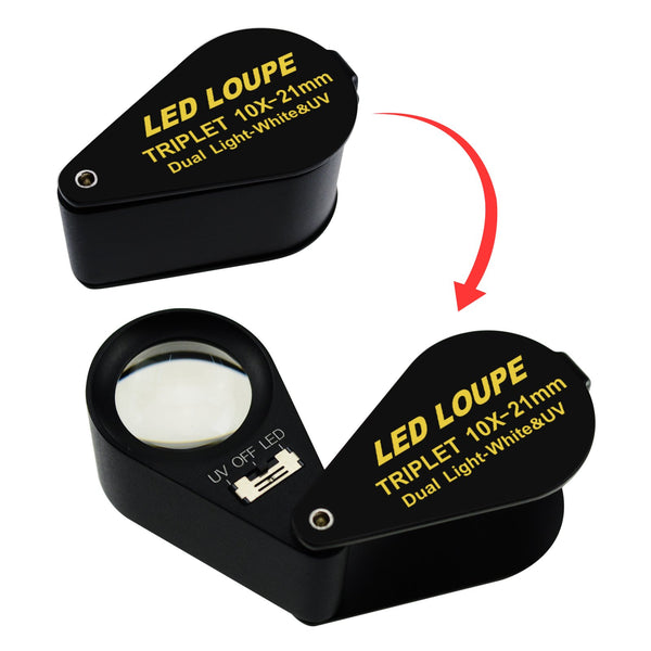 GEM-246 10x 21mm Loupe Jeweler Magnifier LED UV Light Triplet Lens Optical Tool