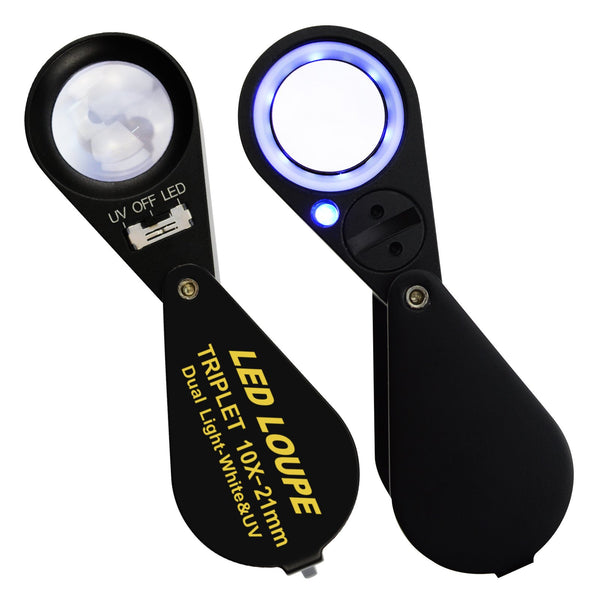 GEM-246 10x 21mm Loupe Jeweler Magnifier LED UV Light Triplet Lens Optical Tool