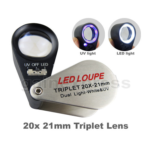 GM21 Mini Jeweler Loupe 20X Magnifier + LED & UV light 21mm lens