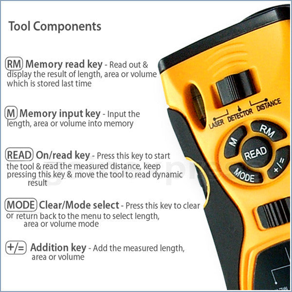CK-109_yellow 5in1 Distance Meter Stud Metal Live Wire Detector & Laser Marker