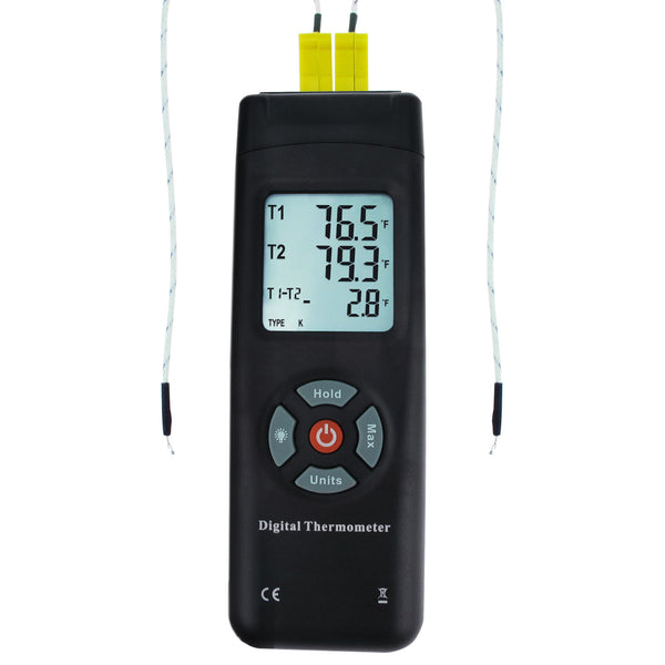 THE-26 Digital Thermometer Dual Type-K Thermocouples Probe Temperature  Instrument Large Display with Backlight