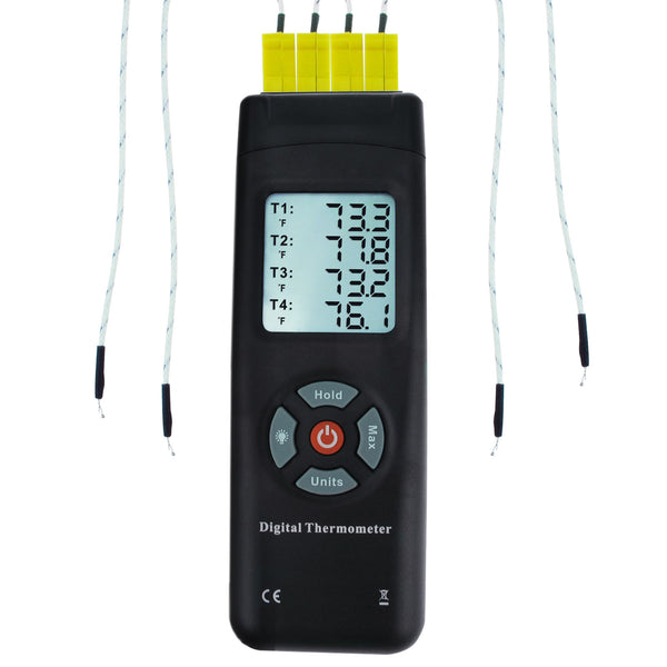 THE-27 Digital Thermometer 4 Channel K-Type Thermocouples with K-Type Metal & Bead Probe , Thermometer , Backlight , Temperature Instrument , -50 ~ 1350 °C  (-58 ~ 2462 °F)