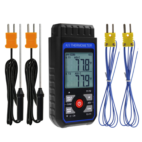 THE-343 K/J Thermocouple Thermometer Dual Channel Temperature Meter Tester 4 K-Type Probes with Temperature Compensation and Alarm Function