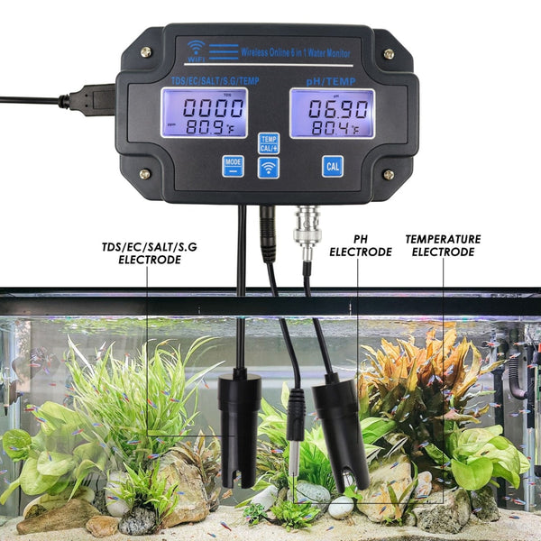 WQM-341 Water Quality Tester pH / EC / TDS / Salinity / SG / Temperature with 24Hrs Online APP Monitoring for Fish Tank Aquariums Home Laboratory Smart Instrument