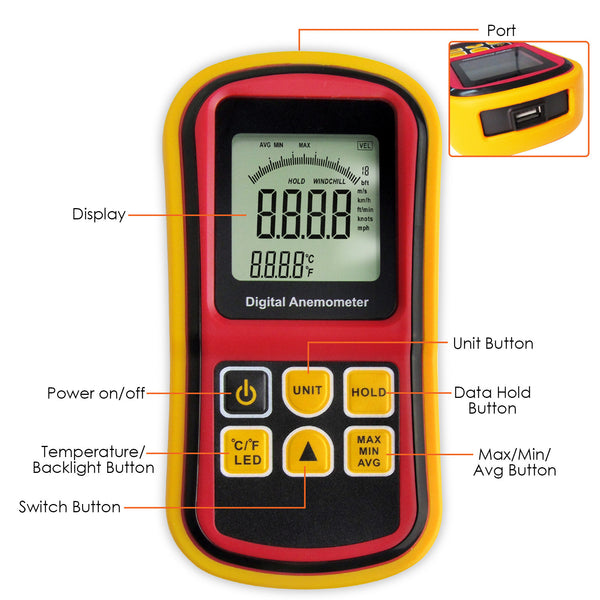 AM-8901 Digital Anemometer Wind Speed Meter Thermometer 0~45m/s