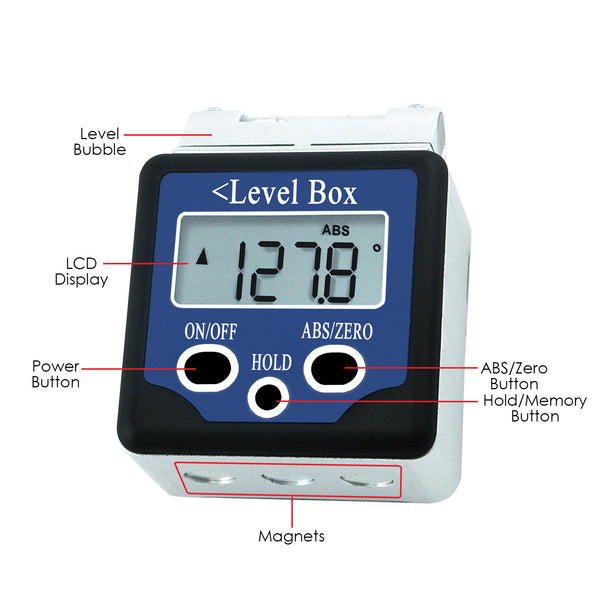 AG-02LB  Digital 360° Bevel Box / Inclinometer w/ Magnets & Spirit Level Angle Finder Large LCD Display