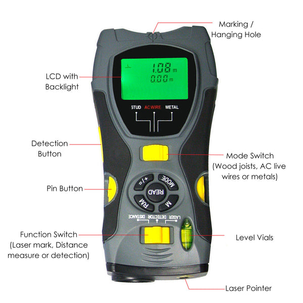CK-109G 5in1 Distance Meter Stud Metal Live Wire Detector & Laser Marker