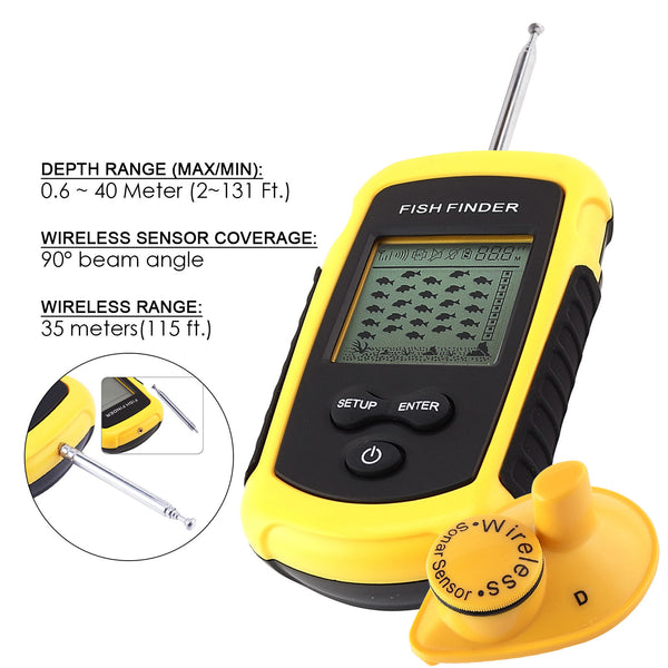 FFW-1108-1 LUCKY Dot Matrix Wireless Sonar Sensor Fish Finder with Audible Fish Alarm & Backlight, Depth Sounder 40m (131ft) for fresh and salt water, ocean, river, lake, sea, ice icy water, Fish Locator, Bottom Contour Weed Detector