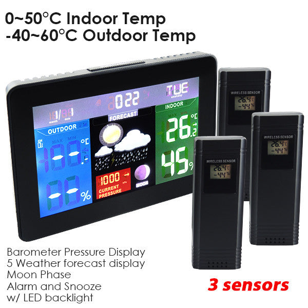 WS-001_EU_3S DCF RCC Digital Weather Forecast Station Barometer Temperature Monitor 3 Sensors 220V ONLY