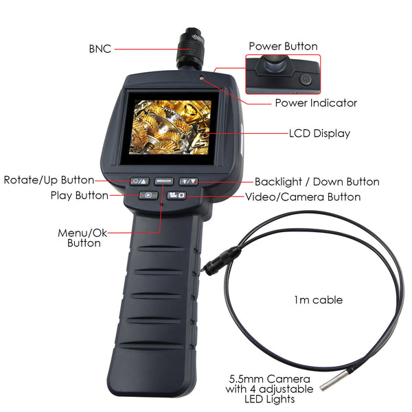 VID-71R-5.5-1M 5.5mm Camera Recordable Video Inspection 2.4" HD Endoscope 1M Cable Borescope 4 LED