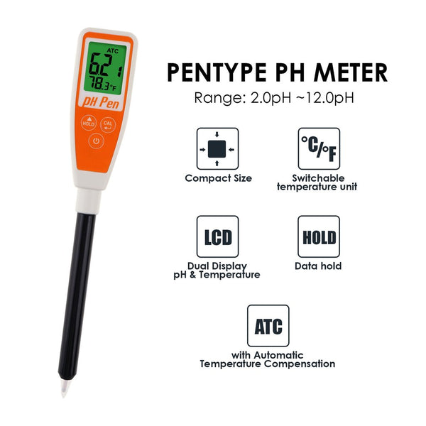 8694 Long Glass Tube Pentype pH Meter Sharp Tip Probe Digital Water Quality Tester Dual Display with ATC 2.0~12.0pH Measurement Range