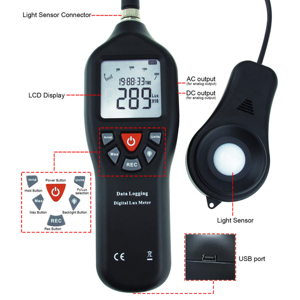 LUX-29 Digital Light Lux Meter with Data Logging Measurement Range 0 to 200,000 Lux Auto Ranging Instrument