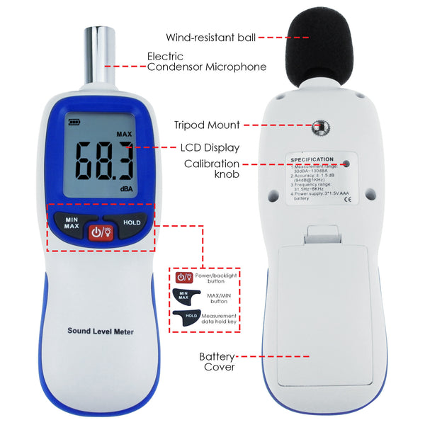 SLM-30 Professional Digital Sound Level Meter, 30~130dBA, A weighting, Decibel Noise Tester, LCD display with Backlight, High Accuracy ±1.5dB, MAX/ MIN/ HOLD Mode, for Noise Volume Measuring, Monitoring